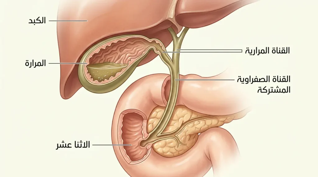 رسم طبي تشريحي واقعي يُظهر مقطعاً في الجهاز الصفراوي يشمل الكبد والمرارة والقنوات الصفراوية والاثنا عشر مع بلورات كوليسترول دقيقة داخل المرارة