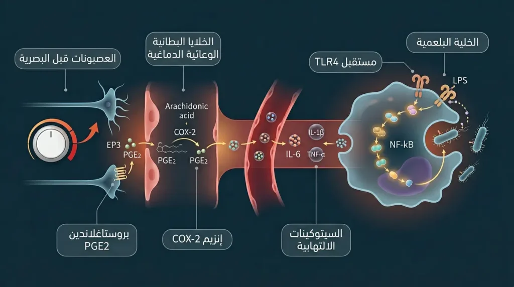 رسم علمي واقعي يوضح المسار البيوكيميائي للحمى من تعرف الخلايا البلعمية على البكتيريا حتى إنتاج بروستاغلاندين PGE2 في الدماغ.