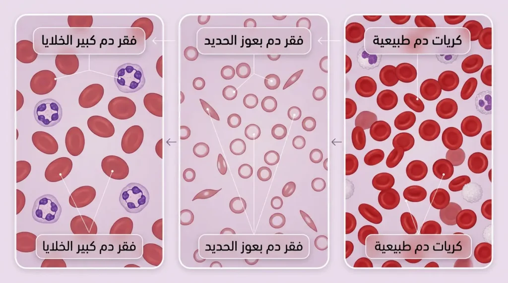 مقارنة مجهرية بين مسحة دم طبيعية ومسحة فقر الدم بعوز الحديد ومسحة فقر الدم كبير الخلايا
