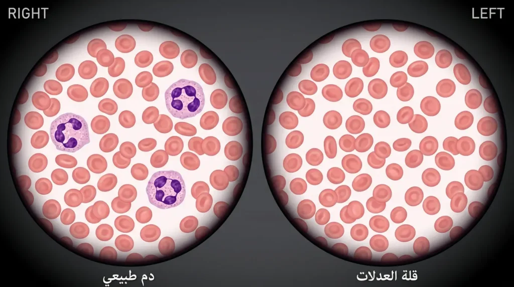 مقارنة مجهرية بين مسحة دم طبيعية تحتوي عدلات متعددة ومسحة دم مريض قلة العدلات شبه خالية من العدلات