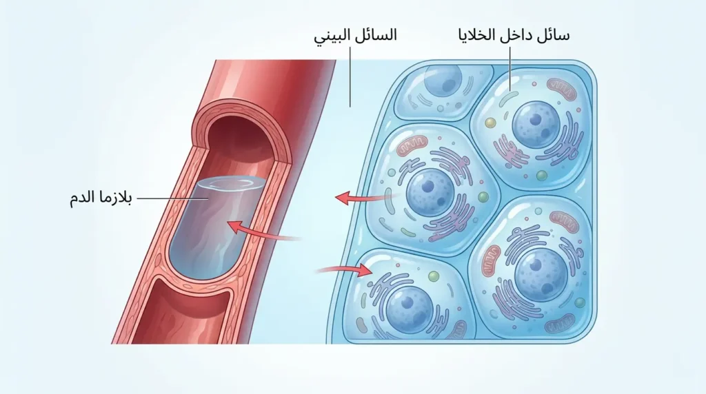 رسم توضيحي طبي واقعي يُظهر حجرات السوائل الثلاث في الجسم وتأثير الجفاف على حجم بلازما الدم