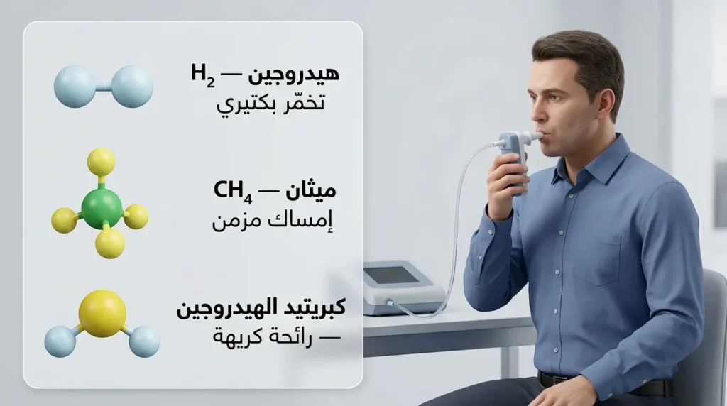 تصوير ثلاثي الأبعاد لاختبار التنفّس لتشخيص غازات الأمعاء مع عرض لأنواع الغازات الثلاثة ودلالاتها السريرية