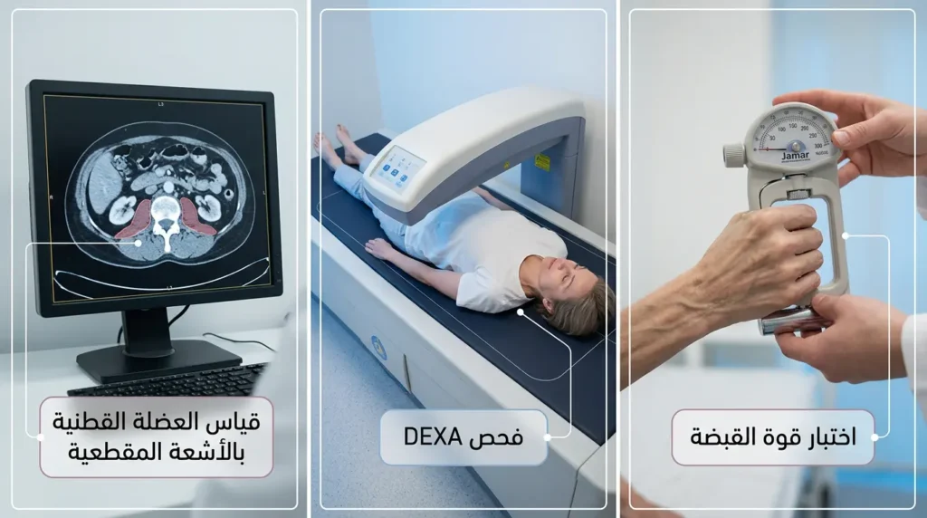 ثلاث صور سريرية واقعية تُظهر أدوات تشخيص الهزال السرطاني: اختبار قوة القبضة وفحص DEXA وقياس العضلة القطنية بالأشعة المقطعية