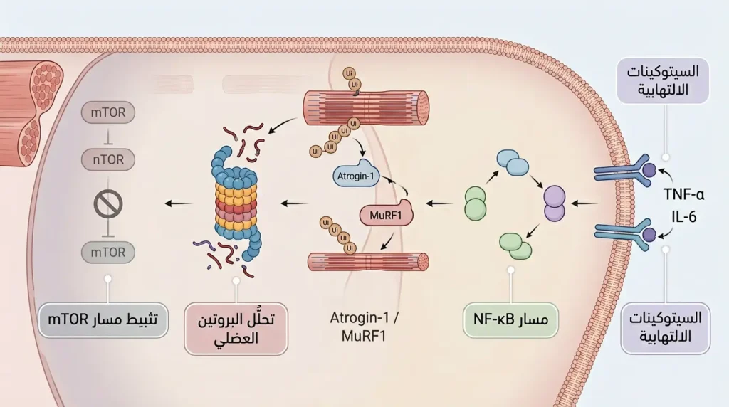 رسم توضيحي طبي دقيق يُظهر المسارات الجزيئية داخل الخلية العضلية في الهزال السرطاني بما في ذلك مسار NF-κB وتحلل البروتين وتثبيط mTOR