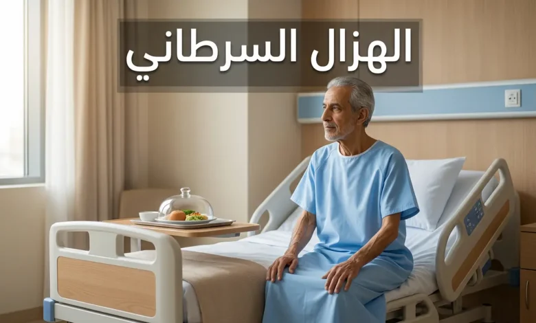 صورة غلاف تُظهر رجلاً مسناً نحيلاً يجلس على حافة سرير المستشفى بجانب صينية طعام غير مُتناولة، مع عنوان الهزال السرطاني