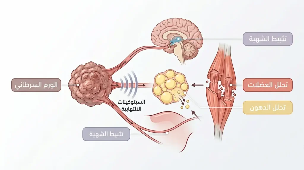رسم توضيحي طبي واقعي يُظهر آلية الهزال السرطاني حيث يُفرز الورم سيتوكينات التهابية تُسبب تحلل العضلات والدهون وتثبيط الشهية في الدماغ