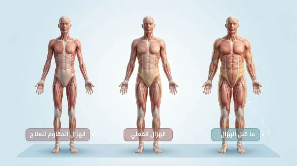 تصوير ثلاثي الأبعاد واقعي يُقارن بين المراحل الثلاث للهزال السرطاني من الجسم الطبيعي نسبياً إلى الهزال الشديد المقاوم للعلاج