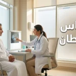 صورة غلاف لمقال انتكاس السرطان تُظهر مريضاً عربياً في عيادة أورام حديثة يتحدث مع طبيبة أورام أمام شاشة تصوير طبي