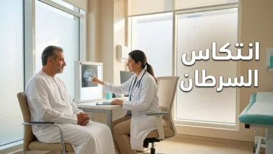 صورة غلاف لمقال انتكاس السرطان تُظهر مريضاً عربياً في عيادة أورام حديثة يتحدث مع طبيبة أورام أمام شاشة تصوير طبي