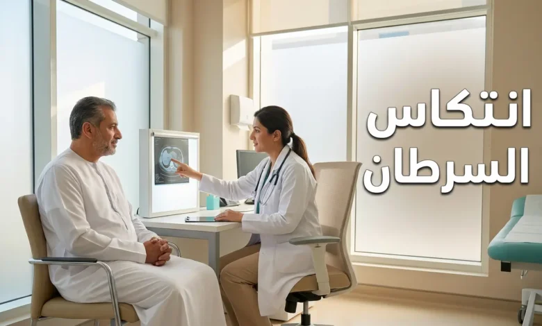 صورة غلاف لمقال انتكاس السرطان تُظهر مريضاً عربياً في عيادة أورام حديثة يتحدث مع طبيبة أورام أمام شاشة تصوير طبي