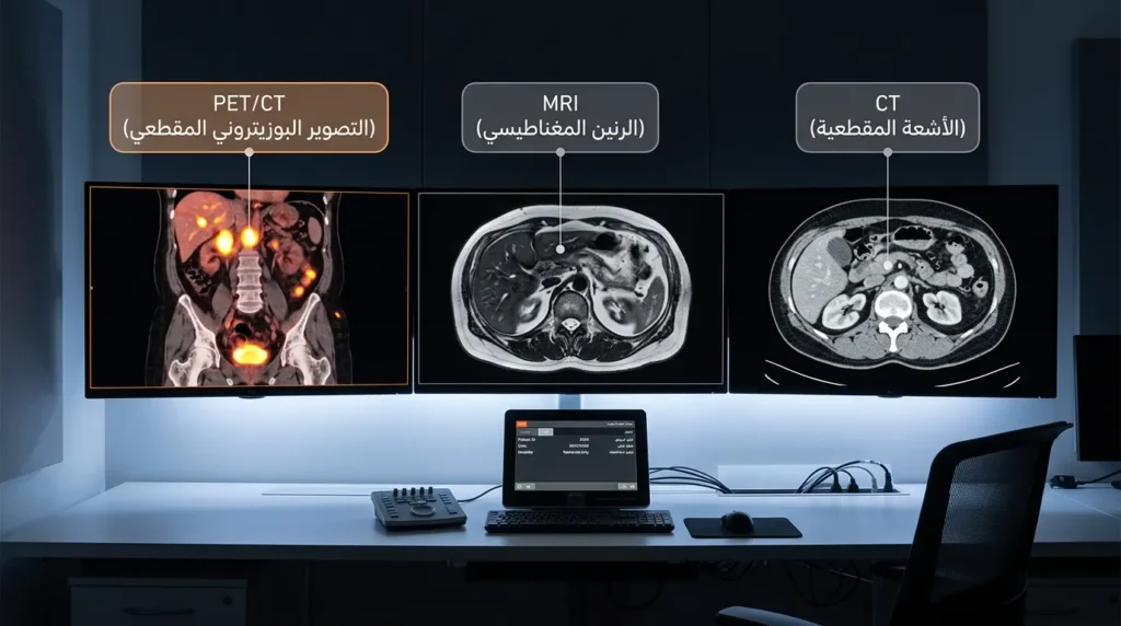 صورة واقعية لغرفة أشعة حديثة تعرض ثلاث شاشات تحمل صور PET/CT وMRI وCT المستخدمة في تشخيص انتكاس السرطان