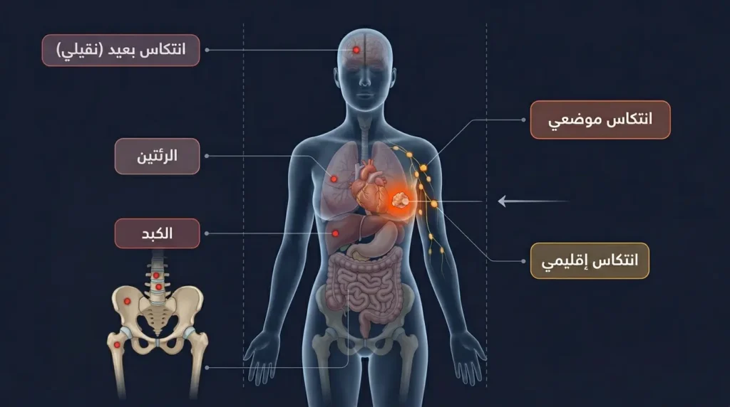 رسم طبي واقعي يوضح أنواع انتكاس السرطان الثلاثة: الموضعي والإقليمي والبعيد النقيلي على جسم الإنسان