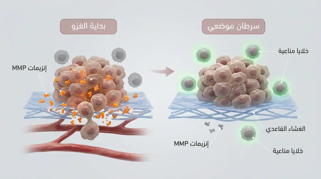 رسم طبي ثلاثي الأبعاد يوضح آلية تحوّل السرطان الموضعي إلى غازي عبر إنزيمات MMP التي تفكك الغشاء القاعدي مع دور الخلايا المناعية