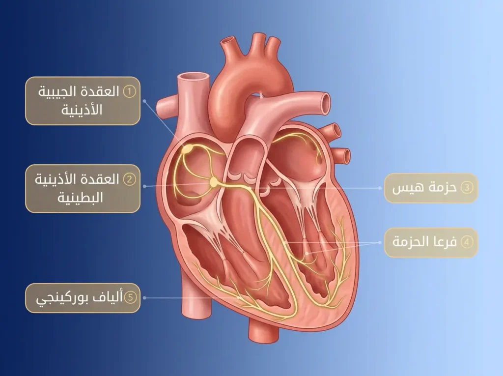 رسم توضيحي واقعي لمقطع القلب يُظهر النظام الكهربائي من العقدة الجيبية الأذينية إلى ألياف بوركينجي