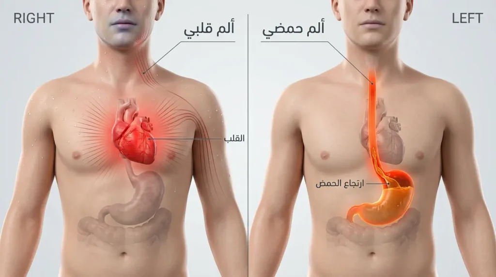 مقارنة طبية ثلاثية الأبعاد بين ألم الصدر الناتج عن القلب وألم الصدر الناتج عن ارتجاع حمض المعدة