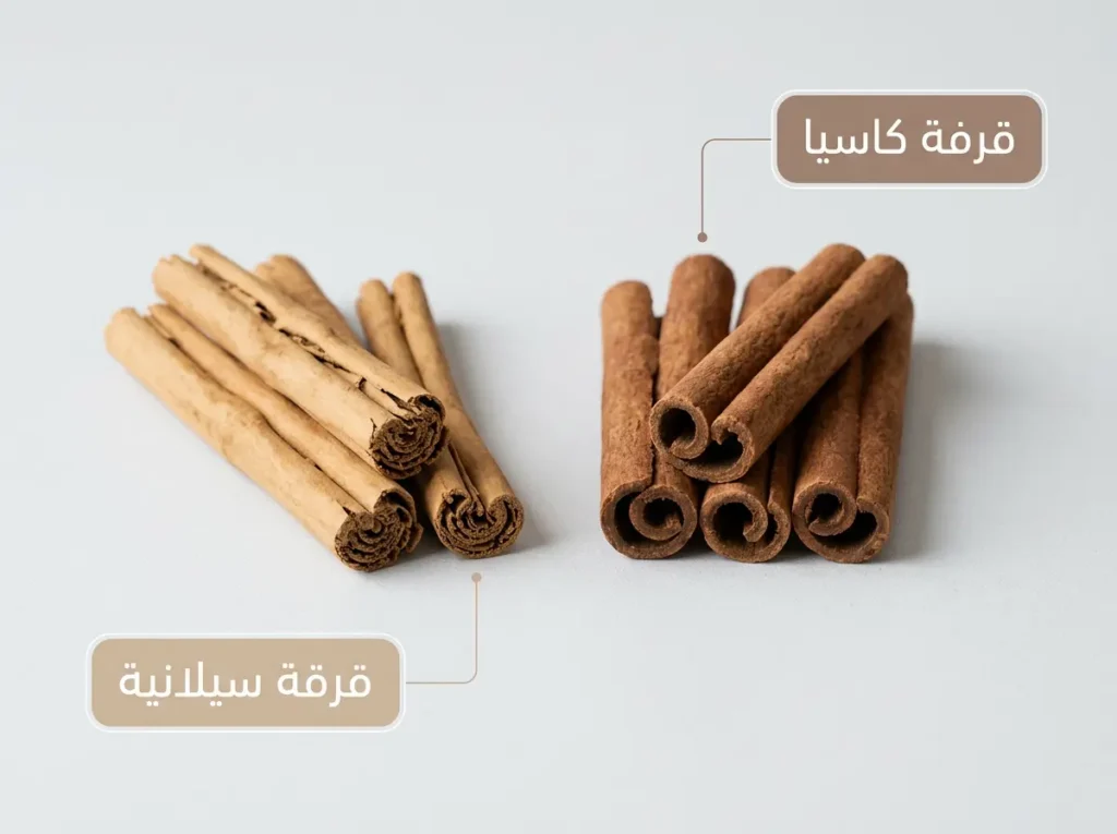 مقارنة بصرية واضحة بين قرفة كاسيا الداكنة السميكة والقرفة السيلانية الفاتحة متعددة الطبقات