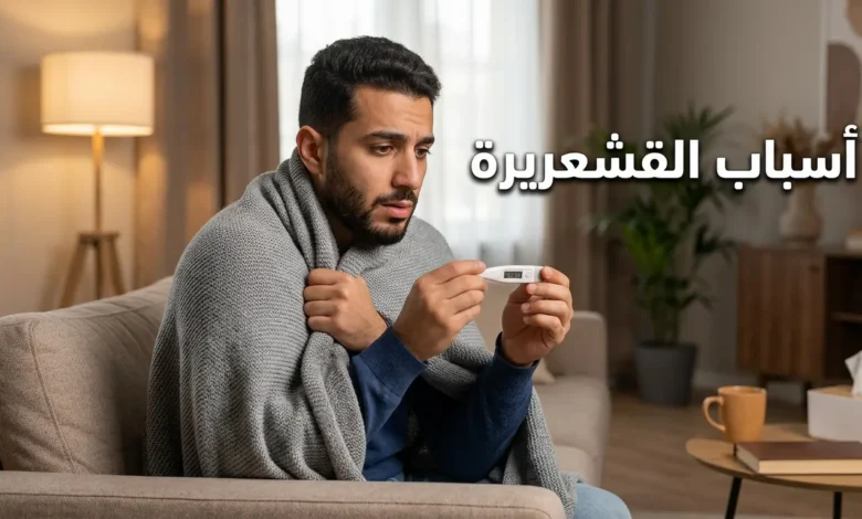 رجل عربي شاب يجلس على أريكة ملفوفاً ببطانية خفيفة ويمسك ميزان حرارة رقمي مع ظهور عبارة أسباب القشعريرة