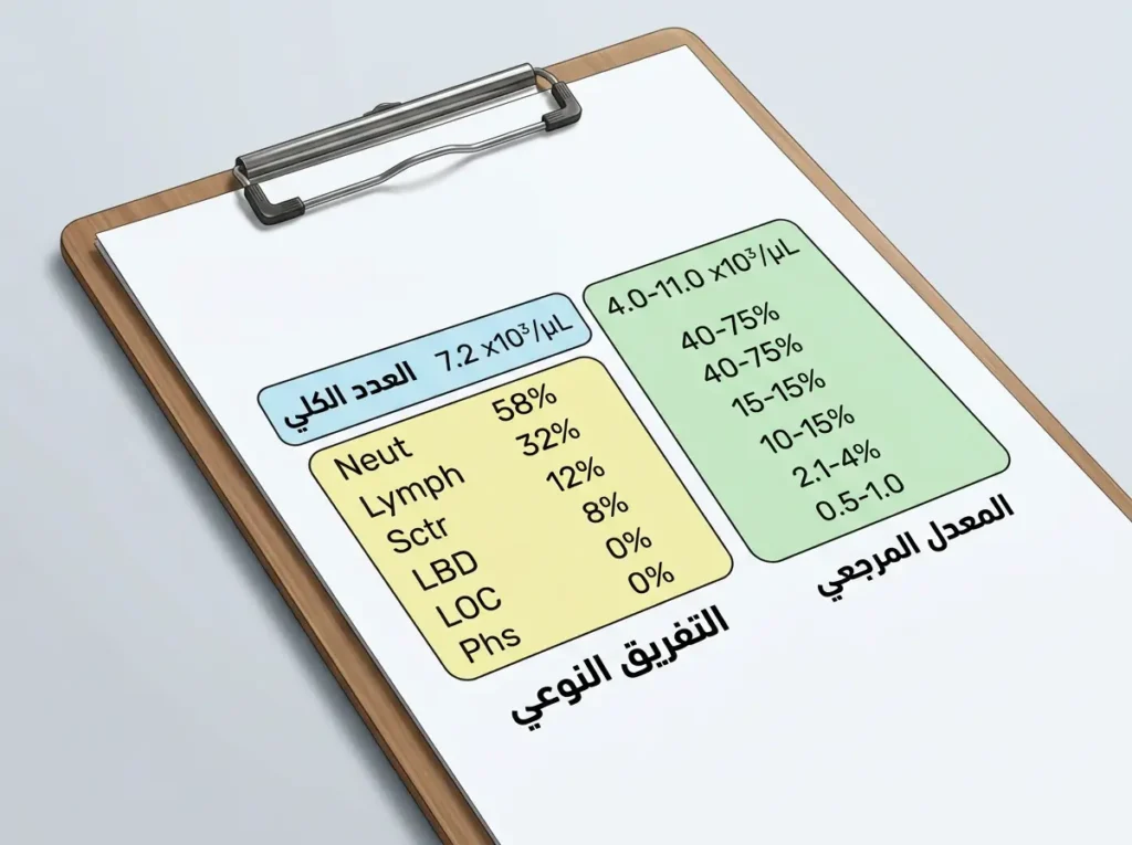 رسم طبي يوضح الأجزاء الأهم في تقرير CBC: العدد الكلي والتفريق النوعي والمعدل المرجعي.