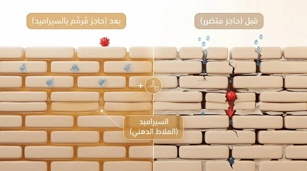 رسم ثلاثي الأبعاد يقارن بين حاجز البشرة المتضرر بفجوات دهنية وحاجز مُرمَّم بالسيراميد الذي يسد الشقوق ويحبس الرطوبة.