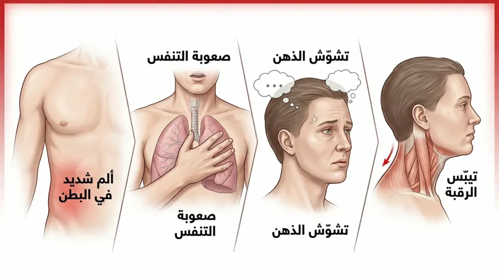 رسم طبي واقعي يعرض أربع علامات تحذيرية حمراء مرافقة للقشعريرة تستوجب زيارة الطوارئ وهي تيبس الرقبة وتشوش الذهن وصعوبة التنفس وألم شديد في البطن