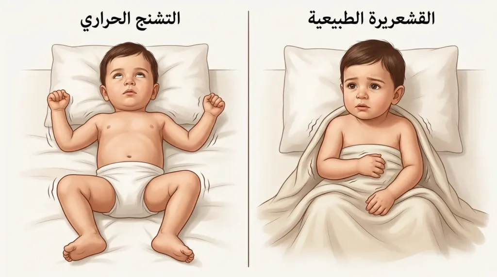 رسم طبي واقعي يقارن بين القشعريرة الطبيعية عند الطفل مع وعي كامل والتشنج الحراري مع فقدان الوعي وتيبس الجسم