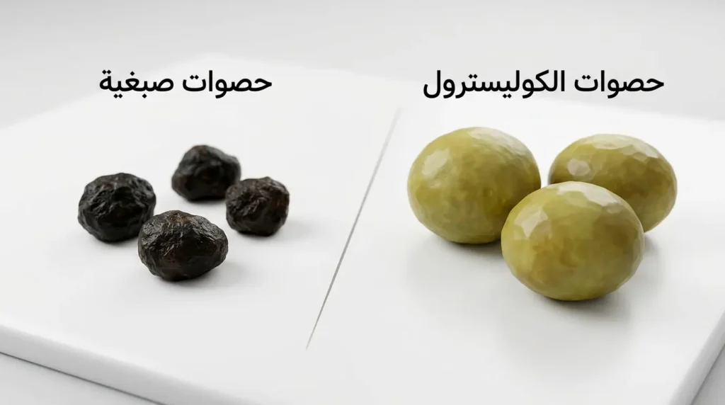 مقارنة ثلاثية الأبعاد واقعية بين حصوات الكوليسترول الصفراء المخضرة الأكبر حجماً والحصوات الصبغية الداكنة الأصغر حجماً