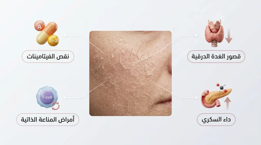 رسم ثلاثي الأبعاد يوضح أربعة أمراض جهازية قد تسبب جفاف البشرة المزمن: قصور الغدة الدرقية والسكري ونقص الفيتامينات وأمراض المناعة الذاتية.