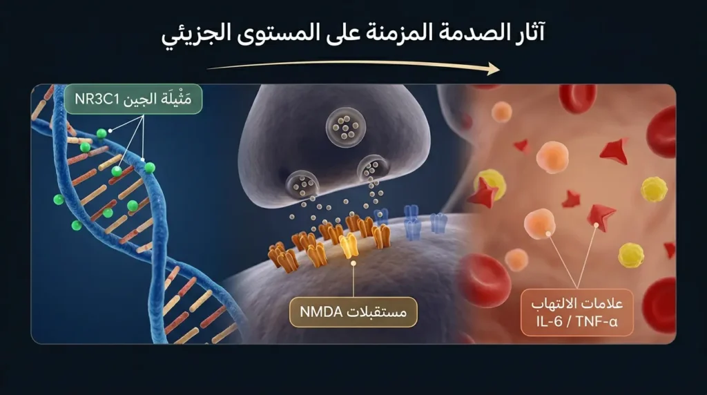 رسم ثلاثي الأبعاد يوضّح التغيرات الجزيئية الناتجة عن الصدمة المزمنة: مثيلة DNA وفرط نشاط مستقبلات NMDA وارتفاع علامات الالتهاب