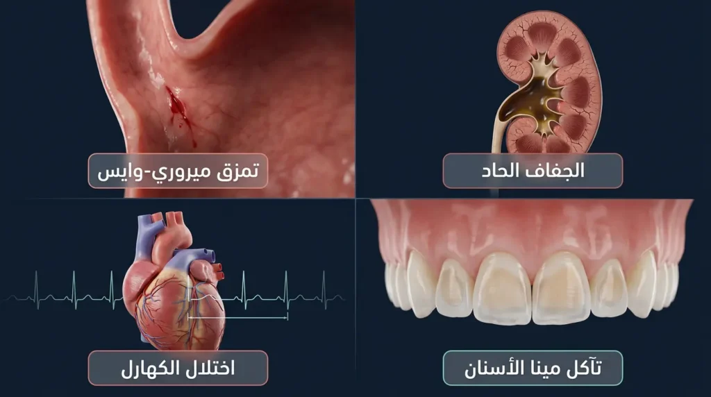 رسم طبي ثلاثي الأبعاد يوضّح أربع مضاعفات خطيرة للقيء المزمن هي الجفاف وتمزق المريء وتآكل الأسنان واختلال الكهارل