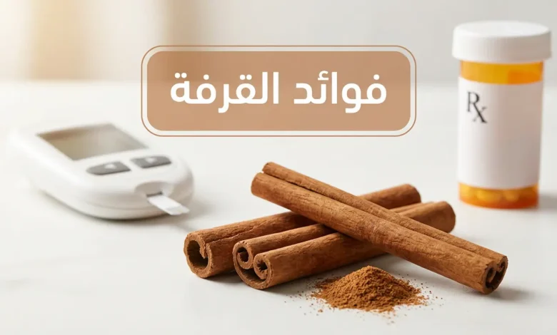 غلاف طبي احترافي يُظهر أعواد القرفة مع جهاز قياس سكر وعبوة دواء بشكل نظيف ومتوازن