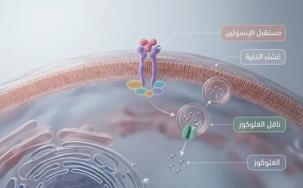 محاكاة ثلاثية الأبعاد لخلية عضلية تُظهر ارتباط الإنسولين بالمستقبل وانتقال ناقل الغلوكوز إلى الغشاء