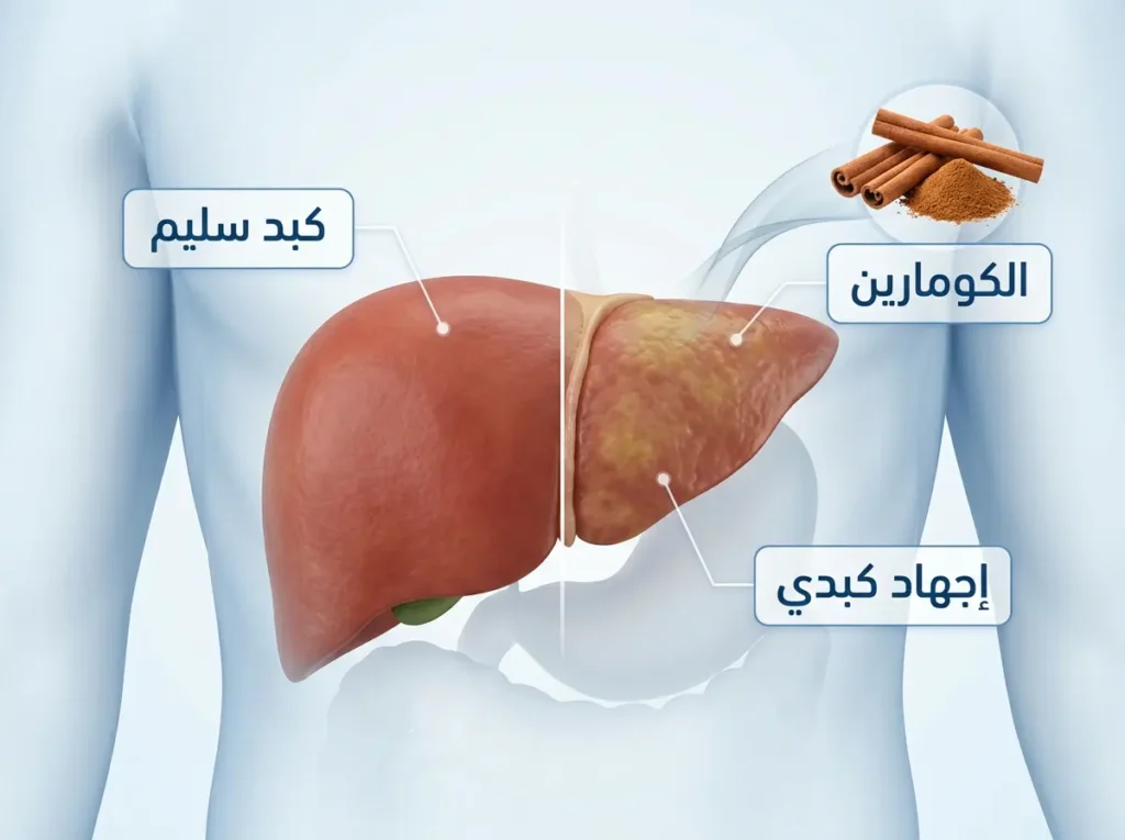 تمثيل طبي نظيف للكبد يُقارن بين نسيج سليم وتأثر مبكر مرتبط بالتعرّض للكومارين