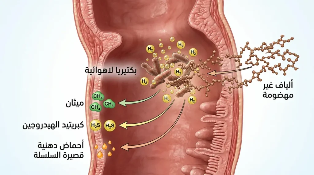 رسم توضيحي طبي واقعي يُظهر آلية التخمّر البكتيري داخل القولون وإنتاج الميثان وكبريتيد الهيدروجين والأحماض الدهنية قصيرة السلسلة