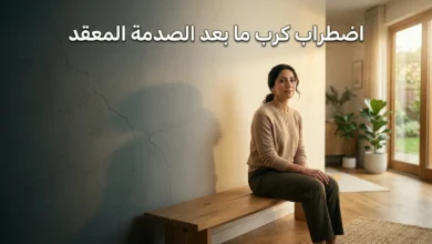 صورة غلاف مقال اضطراب كرب ما بعد الصدمة المعقد تظهر امرأة في مكان هادئ مع إضاءة طبيعية دافئة وجدار يتدرج من الظلمة إلى النور رمزاً للتعافي