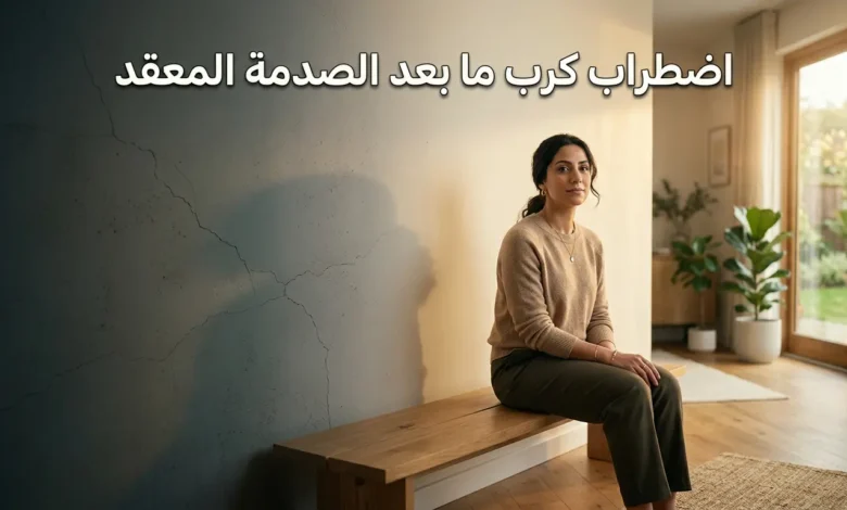 صورة غلاف مقال اضطراب كرب ما بعد الصدمة المعقد تظهر امرأة في مكان هادئ مع إضاءة طبيعية دافئة وجدار يتدرج من الظلمة إلى النور رمزاً للتعافي