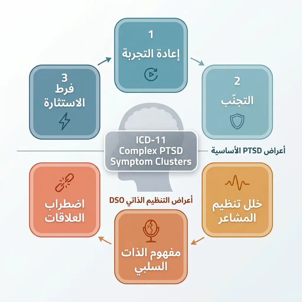 مخطط سداسي يوضّح المحاور الستة لأعراض اضطراب كرب ما بعد الصدمة المعقد وفق تصنيف ICD-11