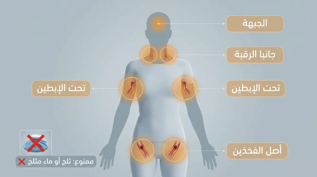 رسم ثلاثي الأبعاد واقعي يوضح المواضع الأربعة الصحيحة لوضع الكمادات الفاترة لخفض الحمى مع تحذير من استخدام الثلج.