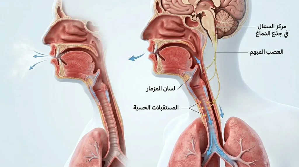 رسم طبي ثلاثي الأبعاد يوضح آلية منعكس السعال عبر المراحل الثلاث من الشهيق إلى انغلاق لسان المزمار والزفير الانفجاري