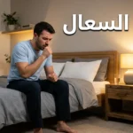 رجل في الثلاثينيات يسعل وهو جالس على حافة سريره ليلاً مع عنوان علاج السعال