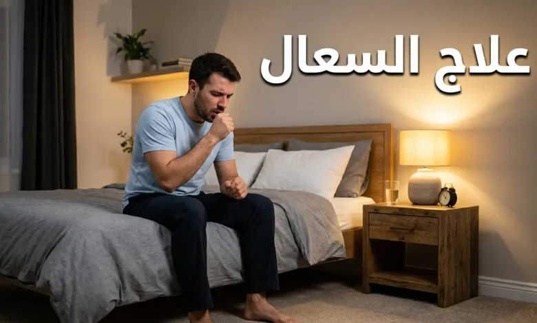 رجل في الثلاثينيات يسعل وهو جالس على حافة سريره ليلاً مع عنوان علاج السعال