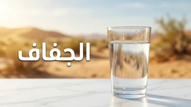 صورة غلاف تُظهر كوب ماء صافٍ على سطح رخامي مع مشهد صحراوي دافئ في الخلفية وعنوان الجفاف بالعربية