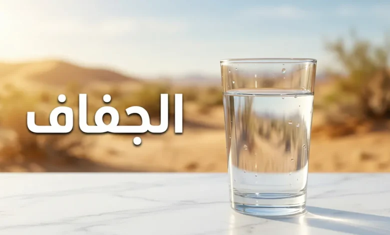 صورة غلاف تُظهر كوب ماء صافٍ على سطح رخامي مع مشهد صحراوي دافئ في الخلفية وعنوان الجفاف بالعربية