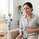 صورة غلاف مقال علاج الإسهال تظهر كوب محلول جفاف فموي ويد تمسك البطن برفق مع نص علاج الإسهال