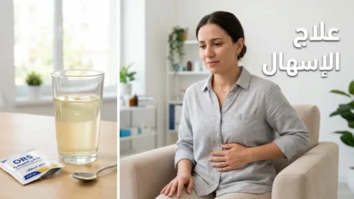 صورة غلاف مقال علاج الإسهال تظهر كوب محلول جفاف فموي ويد تمسك البطن برفق مع نص علاج الإسهال