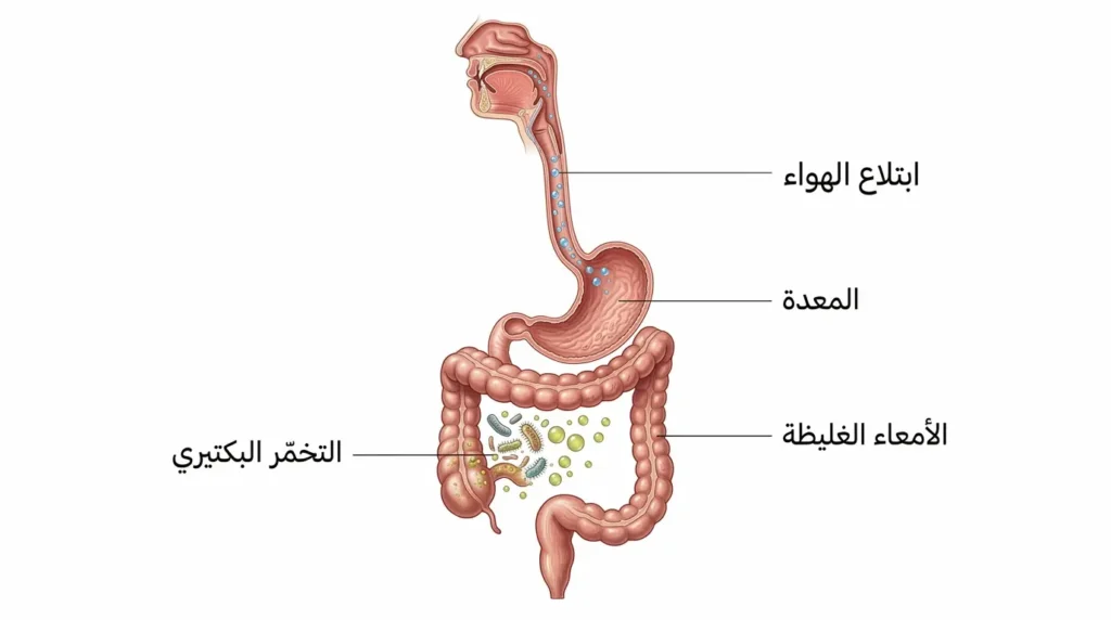 رسم توضيحي طبي واقعي يُظهر مصدرَي غازات الجهاز الهضمي: ابتلاع الهواء في الجزء العلوي والتخمّر البكتيري في القولون