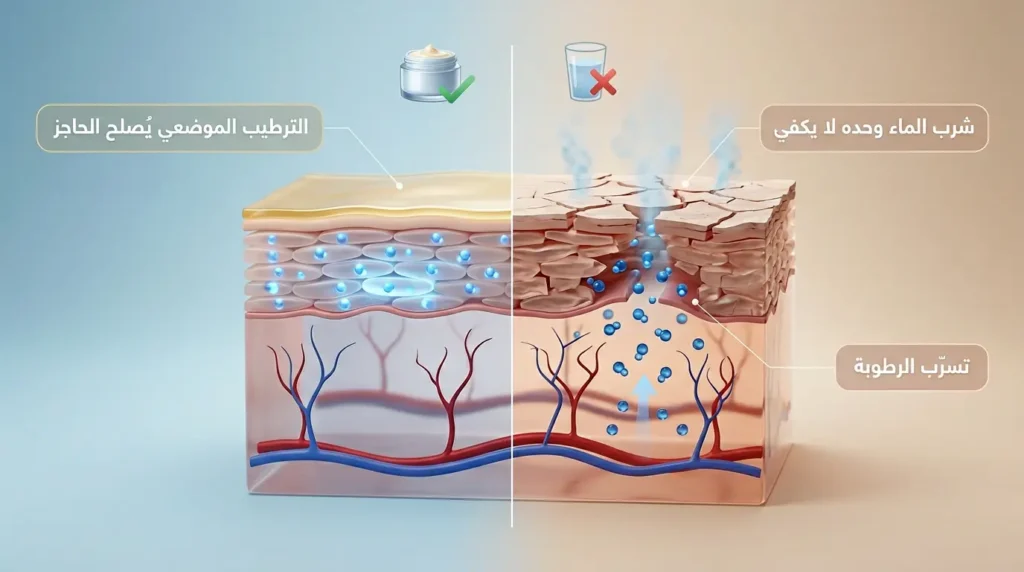 رسم ثلاثي الأبعاد يقارن بين تأثير شرب الماء وحده مقابل الترطيب الموضعي على حاجز البشرة وحبس الرطوبة.