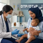صورة غلاف توضح رضيعاً يتلقى اللقاح الثلاثي DTP/DTaP في عيادة أطفال حديثة مع عنوان المقال بالعربية
