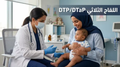 صورة غلاف توضح رضيعاً يتلقى اللقاح الثلاثي DTP/DTaP في عيادة أطفال حديثة مع عنوان المقال بالعربية