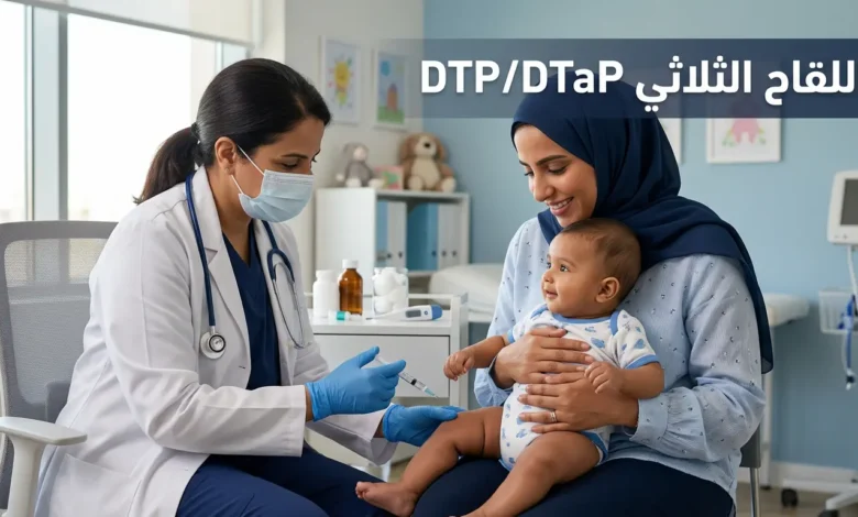 صورة غلاف توضح رضيعاً يتلقى اللقاح الثلاثي DTP/DTaP في عيادة أطفال حديثة مع عنوان المقال بالعربية
