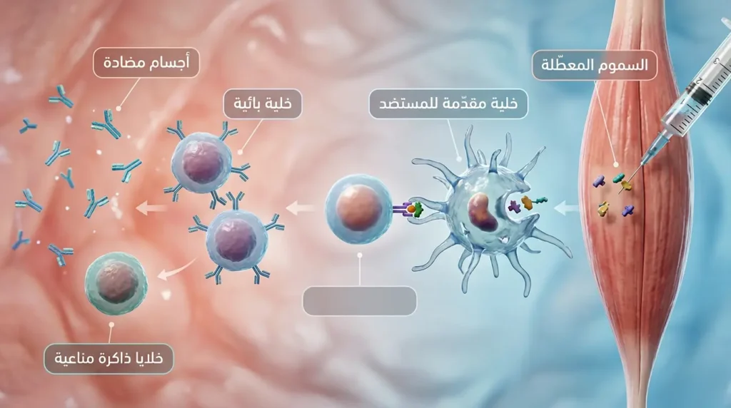 رسم ثلاثي الأبعاد واقعي يوضح آلية عمل اللقاح الثلاثي في تدريب الجهاز المناعي وتكوين خلايا الذاكرة المناعية